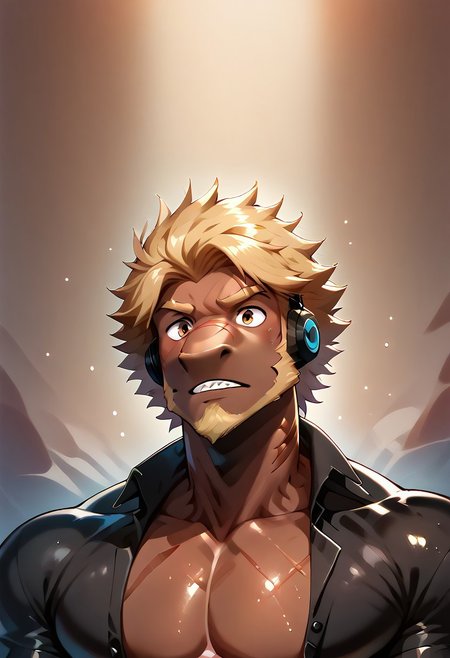 source_cartoon, source_anime, cartoon, score_9, score_8_up, score_7_up, score_6_up, score_5_up, score_4_up, rating_questionable, male focus, 1boy, solo male, (Killer T Cell, dark skin, blue skin, blond hair, blonde hair, amber eyes, facial hair, beard, scar on face), (anthro male shark:1.2), shark_male, detailed scales, ((half body)), ((portrait)), ((upper body)), (no nipples), (black Killer T Cell uniform \(Cells at Work\), black collared shirt, pecs, partically open shirt, black cap, Killer T Cell cap \(Cells at Work\), earpiece, fingerless gloves), bodybuilding, (hypermasculine), (tall), (hypermuscle), muscular, bara, (massive pectoral), (black collared shirt), looking at viewer, at the hospital, hospital background, <lora:GonTang_Style:1>,  <lora:Detail_Tweaker:1.5>