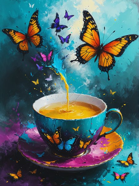 Wizard's tea turns thoughts into butterflies, ultra-fine digital painting, <lora:xl_more_art-full_v1:0.3>,  <lora:Desolation:0.6> <lora:gorgoeus_splash_of_vibrant_paint:0.7> Gorgeous splash of vibrant paint