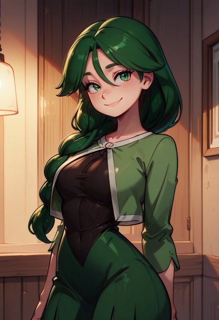 (masterpiece, best quality, good quality, very aesthetic, absurdres, newest:1.2),  zzCheryl, green eyes, single braid, hair over shoulder, green jacket, long dress,  ,<lora:CherylPokemon_IXL_v2:1.0>,, smile, looking at viewer, cowboy shot,  ,<lora:GoldenCATLoraNAI:1.0>,