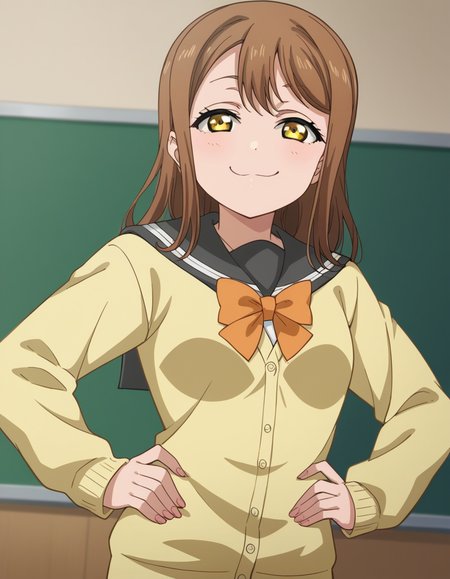 score_9, score_8_up, score_7_up, source_anime, <lora:hanamaru-kunikida-s2-ponyxl-lora-nochekaiser:1>, hanamaru kunikida, long hair, bangs, brown hair, yellow eyes,, long sleeves, bow, school uniform, serafuku, bowtie, cardigan, uranohoshi school uniform, yellow cardigan,, indoors, smug, smile, looking at viewer, solo, hands on hips,, cowboy shot, dutch angle