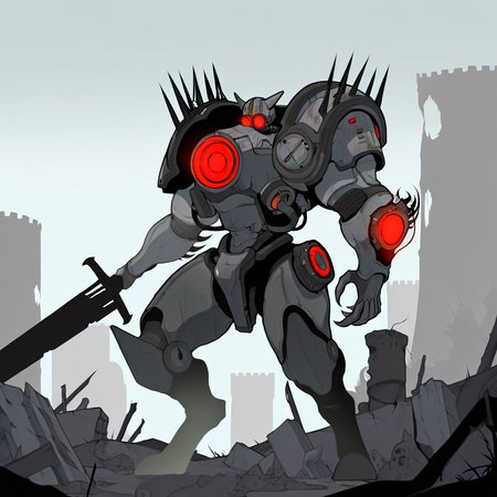 highres, best quality, masterpiece, very aesthetic, newest, <lora:FleshmutantIllus:0.95>   solo,cybermutant,biomechanical,cybernetic,barghest,helmet,gas mask,glowing red goggles,undead,pale skin,chestplate,pauldrons,armor,holding sword,outdoors,ruins,no humans,monster focus,claws,castle ruins