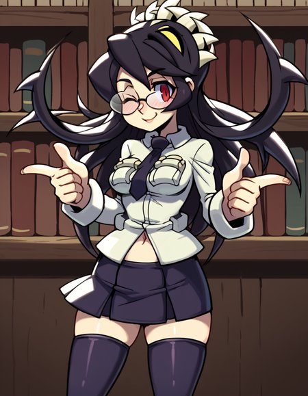 score_9, score_8_up, score_7_up, source_anime, <lora:skullgirls-filia-ingame-ponyxl-lora-nochekaiser:1>, filia, long hair, black hair, red eyes, prehensile hair, extra mouth, skirt, thighhighs, navel, school uniform, necktie, black thighhighs, miniskirt, zettai ryouiki,, library, reading books, glasses, quiet, focused, shelves of books, smile, <lora:double-finger-gun-ponyxl-lora-nochekaiser:1>, double finger gun,, blush, smile, one eye closed, from side, looking at viewer, solo,, dutch angle, cowboy shot