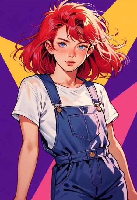 score_9, score_8_up, score_7_up, score_6_up, score_5_up, score_4_up, source_manga, 1girl, human, red hair, blue eyes,
shirt, overalls,
hud_jem_boxart, colorful retro artstyle, colorful background, neon,
Chucky,