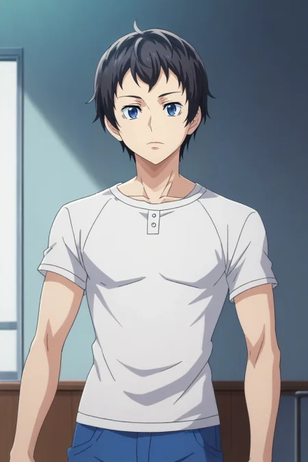 score_9, score_8_up, score_7_up, source_anime, rating_safe, intricate details, anime screencap, anime coloring, official style, looking at viewer, , 1boy, solo, male focus, <lora:tomoki_sakai_pony:1>, tomoki_sakai, black hair, blue eyes, short hair, wide angle, wide shot, cowboy shot, armory, indoors, dark, (dynamic pose), distracted, aloof, oblivious, , <lora:sdxl_lightning_8step_lora:1>
