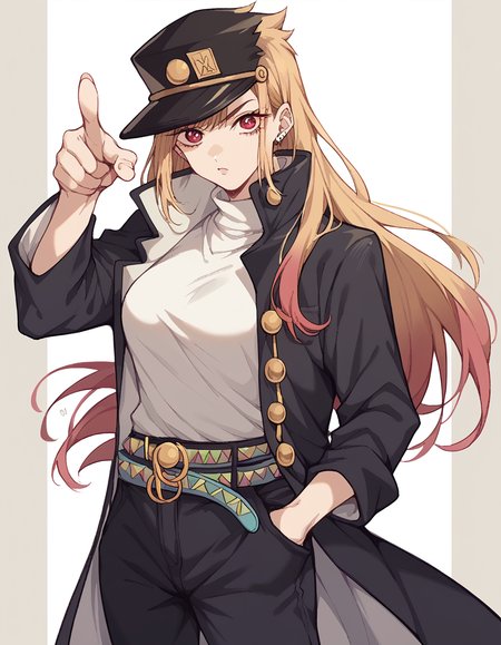 score_9, score_8_up, score_7_up, source_anime, marinkitagawa, <lora:marin-kitagawa-ponyxl-lora-nochekaiser:1>, marin kitagawa, long hair, bangs, blonde hair, red eyes, multicolored hair, medium breasts,, <lora:kujo-jotaro-cosplay-ponyxl-lora-nochekaiser:1>, kujo jotaro cosplay, kujo jotaro (cosplay), gakuran, cosplay, belt, black headwear, black jacket, black pants, high collar, multiple belts, pants, shirt,, street, jojo pose, pointing, hand in pocket, cowboy shot, looking at viewer,