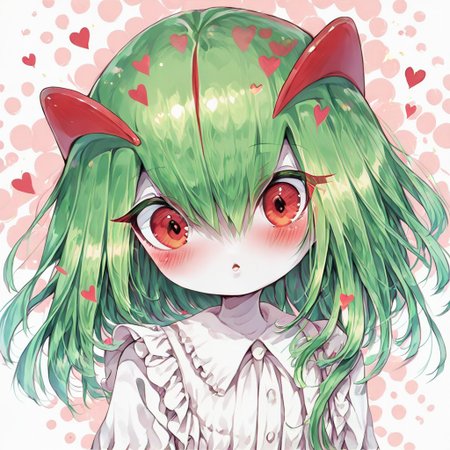score_9, score_8_up, score_7_up, 1girl, solo, 
kirlia \(pokemon\), shiny kirlia, red eyes, white skin, (green hair:1.2), :o, parted lips, blush, looking at viewer, upper body, hearts, polka dot background,  white blouse, frills, cute dress.