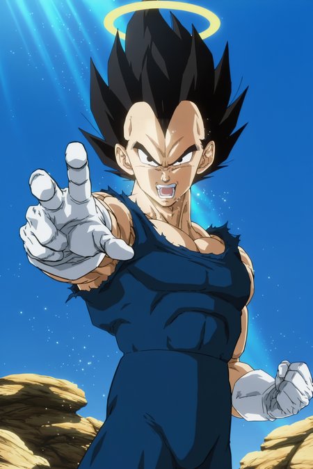 anime screencap, masterpiece, best quality, amazing quality, very aesthetic, absurdres,  newest, (scenery, volumetric lighting), official style, dappled sunlight, light particles, light rays,
vegeta, buu saga, official alternate costume, official style, solo, spiked hair, black hair, black eyes, halo, 1boy, blue bodysuit, sleeveless bodysuit, white gloves, outstretched arm, clenched hand, outstretched hand, male focus, looking at viewer, serious, blue sky, day, rock, muscular, cowboy shot, clenched hands, open mouth, teeth, torn clothes
<lora:Vegeta_IL_V2:0.8>