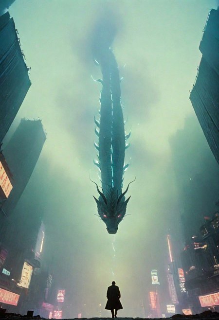 Low Angle Shot, eastern dragon by franco fontana, Blade Runner Style, Capture the awe-inspiring sight of a colossal, mystical Chinese eastern dragon weaving through a labyrinth of a dystopian mega city skyline, its luminous, semi-transparent form illuminated against the night sky. 
atmospheric haze, Film grain, cinematic film still, shallow depth of field, highly detailed, high budget, cinemascope, moody, epic, OverallDetail, gorgeous, 2000s vintage RAW photo, photorealistic, candid camera, color graded cinematic, eye catchlights, atmospheric lighting, skin pores, imperfections, natural, shallow dof