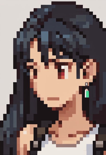 score_9, score_8_up, score_7_up, source_anime, BREAK, solo, 1girl,  <lora:FF-Tactics-Portraits-pdxl_Fp:1>, simple background, portrait, pixel art, <lora:tifa-pdxl-nvwls-v1:1>, defTif, red eyes, black hair, low-tied long hair, earrings, white sports bra, black suspenders, elbow pads,
