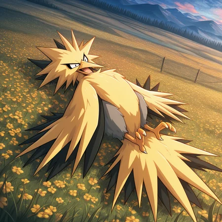 ((vibrant, detailed, detailed background, amazing quality, colorful, masterpiece, 8k, rtx)), beutiful background, 
<lora:zapdos-illus-14:1> pzapb, pokemon (creature), bird, 1other, on back, dynamic angle, outdoors, arms at side, other focus,