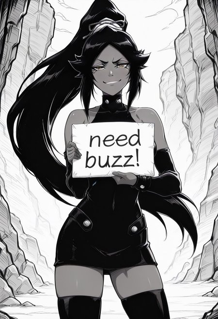 masterpiece, best quality, amazing quality, high quality, masterpiece, 8k, source anime, 
yoruichi shihouin, long hair, black hair, ponytail, dark skin, dark-skinned female, high ponytail, yellow eyes, mature female, breasts, anime screencap,
dress, thighhighs, black thighhighs, detached sleeves, zettai ryouiki, looking at viewer, smug, 
monochrome, black and white,
need_buzz, holding sign that says "need buzz"
canyon background,