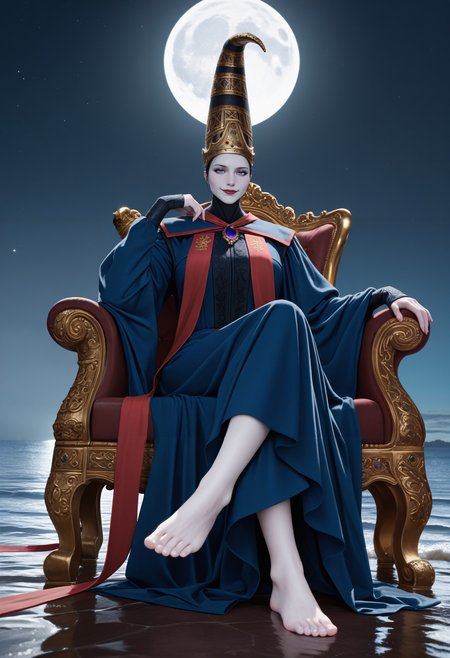 masterpiece, best quality, realistic, photorealistic, newest, hdr, dark, night, outdoors, closed mouth, full moon, moonlight, huge moon, water, 1girl, solo,
Re0n1, blue eyes, red lips, lipstick, black hair, pale skin, conical hat, jeweled hat, tall hat, pointy hat, gold crown, purple brooch, high collar, blue dress, long dress, long sleeves, sleeves past wrists, wide sleeves, red sash, barefoot,
looking at viewer, smug, grin, sitting on throne, crossed legs, from below,
<lora:Rennala, Queen of the Full Moon:1>
