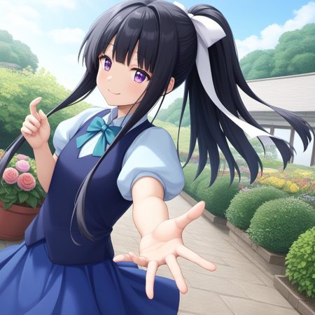 masterpiece,best quality,good quality,newest,
outdoors,day,garden,cloud,flower, 
smile,closed mouth,
looking at viewer,
solo,
anime coloring,
kikushita_kotora_(volume7),1girl,black hair,ponytail,long locks,hair ribbon,purple eyes,
light blue shirt,puffy_sleeves,short_sleeves,bowtie,blue vest,
blue skirt,miniskirt,
black_thighhighs,
standing,reaching toward,dutch angle,