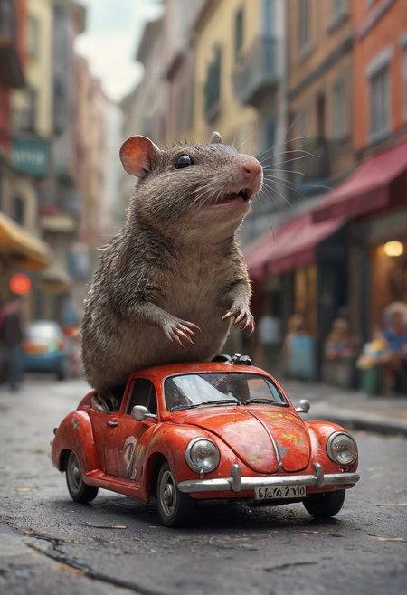 Giant shrew in a toy car, zooming through a busy street (masterpiece, award winning artwork)
many details, extreme detailed, full of details,
Wide range of colors, high Dynamic
 <lora:add-detail-xl:1>
 <lora:WildcardX-XL-Detail-Enhancer:1>
<lora:MJ52:0.375>
 <lora:CinematicStyle_v1:0.42>
