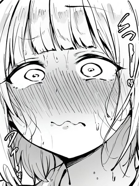 score_9, score_8_up, score_7_up,  
1girl, monochrome, white hair, blunt bangs, medium hair, face, close-up, nose blush, sweat, wavy mouth, closed mouth, wide-eyed, white eyes,




