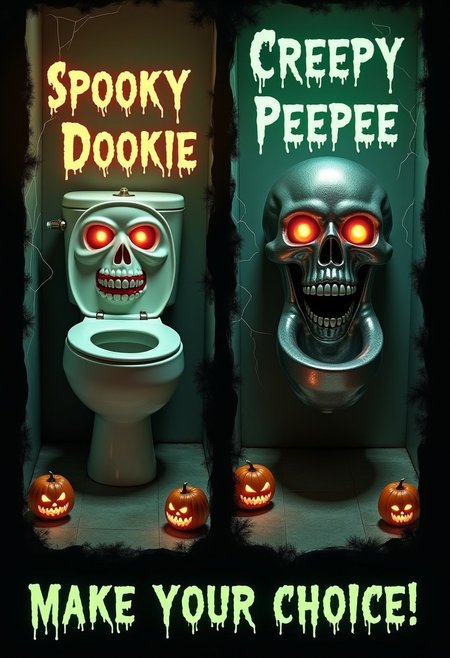 A split-image with two vertical panels, both in a dimly lit, haunted bathroom setting. On the left, a white porcelain toilet shaped like a creepy, grinning skull. Above it, in an eerie, glowing font, the words 'Spooky Dookie' are spelled out. On the right panel, a metallic, chrome skull-shaped urinal with hollow, glowing red eyes and sharp teeth. Above it, the words 'Creepy Peepee' appear in the same spooky, glowing font. Cobwebs hang around the fixtures, faint green mist curls around the floor, and distant jack-o'-lanterns glow from the shadows. At the bottom, bold and menacing letters spell out 'Make your choice!' for a haunted Halloween vibe