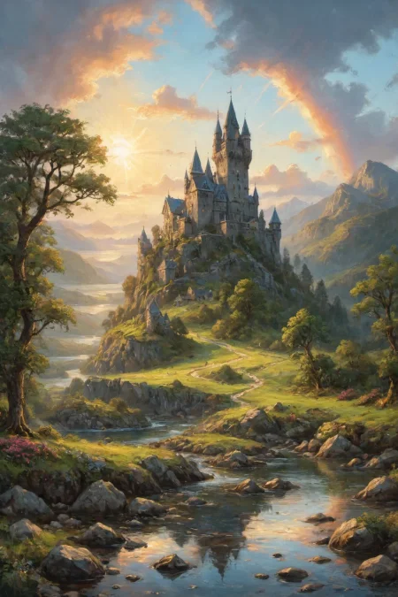 fantasy, (beautiful celtic landscape:0.9), (very detailed:1.2), (best quality:1.2), sharp focus, (big rocks:0.9), (moss:0.4), (ripples, reflections:0.8), celtic  castle, (small river small pond:0.5), druid forest, (druid village:1.2), (stunning nature environment:0.8) , (enchanted land:0.5), bright (sunny sky), (sunset:0.3), high contrast, natural light, backlight, shadows, (lens flare:0.6), (vibrant colors, colorful), clovers, (Spring Green flowers:0.9), leaves,  <lora:add-detail-xl:1>  <lora:Better Blur Control:1>