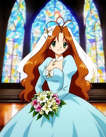 score_9, score_8_up, score_7_up, source_anime, rating_explicit, BREAK <lora:Tanima_Yuri_XL:1>Tanima_Yuri, 1girl, solo, long hair, brown hair, green eyes, antenna hair, breasts, 1990s (style), smile,
light blue dress,  lily (flower), wedding church, flower, bouquet, church, Stained glass,holylight, hat. white hat,
hair flower, hair ornament, smile, puffy sleeves, long sleeves, 
juliet sleeves, bridal veil, bow,