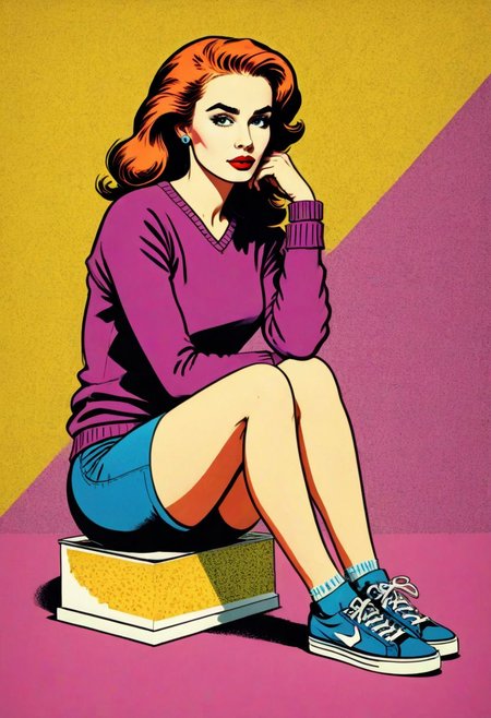 prtxztl, 1girl, can, cleavage, full body, holding, long hair, looking at viewer, purple sweater, shoes, shorts, sitting, sneakers, socks, solo, sweater, v-neck, watch, white footwear, wristwatch, screen printing, halftone printing, contemporary art, modern art, graphic art, commercial art, bold colors, bold lines, comic book style, comic art, advertising art, kitsch, retro style, vibrant colors, flat color, newsprint texture, illustration, art by Andy Warhol and Roy Lichtenstein, retro art style, ligne claire, pop art, vintage advertising poster