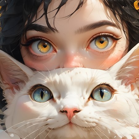 [~~~~ Note: Civitai does not show loras used in a ComfyUI workflow, and there is no way to manually add them. ~~~~] score_9, score_8_up, score_7_up, score_6_up, score_5_up, score_4_up,  animalclose-up, girl, solo, white goat,  girl has black hair and pale skin,  cat has yellow eyes,  mouth covered,