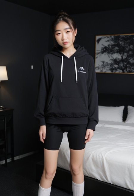 <lora:model_asian_nobody_pxl:1> score_9, score_8_up, score_7_up, score_6_up, score_5_up, score_4_up, realistic, 1girl, looking_at_viewer, pale skin, hair up, standing, petite body, hoodie, bike shorts, white socks, hotel room, dark black room, black walls, indoors, night, standing,