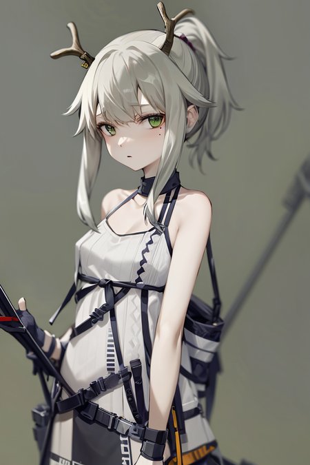 (masterpiece),(((best quality))), ((ultra-detailed)), (illustration), ((an extremely delicate and beautiful)),1girl, antlers, bangs, bags under eyes, breasts, expressionless, eyeliner, green eyes, grey hair, hair flaps, long hair, mole, mole under eye, ponytail, reindeer antlers, sidelocks, small breasts, solo,boots,rangers \(arknights\),absurdres,commentary,highres