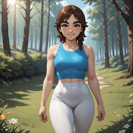 score_9, score_8, BREAK, solo, wii, mii, wii sports club, female mii, 1girl, cute, brown hair, black eyebrows, black eyes, blush, cyan clothing, white pants, shoes, breasts, Marit_(Wii_Sports), nintendo mii, modern_mii, classic_mii, sexy pose, smile, outdoors, sunlight, shadows, evening lighting, natural lighting, forest, trees, grass, orange sky, sunset