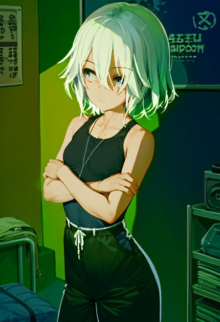 source_anime, score_9, score_8_up, score_7_up, score_6_up, score_5_up, score_4_up, 1 girl, solo, <lora:Yasu_Yasui_from_LiL_for_PonyXL:1> yasu, small breasts, white hair,, <lora:cutesexyronutts_style_xl:1> csr style,,(In the sunroom, Arms crossed),