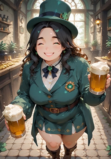 IllusP0s, PonyScores7, source_anime, ah1, IllustriousQual, interesting, exciting, spectacular, wonderful, amazing quality, absolutely eye-catching, 
BREAK <lora:xl_more_art-full_v1:0.2>, <lora:aesthetic_anime_v1s:0.2>, <lora:EpicF4nta5yXL:0.2>, <lora:detailxl:0.2>, detailxl, <lora:Fant5yP0ny:0.2>, amazing quality, best aesthetic, absurdres, illustration, Volumetric_Lighting, ultra-detailed, very aesthetic, intricate details, best_quality, <lora:Add_Details_v1.2:0.4>, <lora:quality_modifiers_masterpieces_v1:0.2>, <lora:ZootPonyAnime_V1_r2:0.2>, <lora:Bestifacator2:0.2>,
BREAK ((Posing with one hand on the heart, eyes closed)),
BREAK Stable_Yogis_PDXL_Positives, AS-Adult, <lora:Complicated fantasy portrait - XL Pony V2.0:0.2>, bad-hands-5, <lora:HDA_Detailer:0.3>, <lora:natsumi_style:0.5>, <lora:by_usakun-pony:0.4>, by usakun, <lora:Akina_Bbw_Style_-_PonyXL:0.2>, AkinBw, ((glitch)),
BREAK 1girl, mature female, (curvy), round-chin, caucasian, <lora:ETO_OC_Illustrius:0.5>, eto_oc, skindentation, (plump), thick thighs, wide hips, busty, voluptuous, <lora:venus body PonyXL:0.3>, <lora:shinyskin2:0.2>, glistening skin, HDA_FatGirlXL, round ass, large breasts, <lora:plussizegirls_IL:0.3>, <lora:plussizegirls_pony:0.3>, <lora:perfection style:0.2>, perfection style, perfection, 
BREAK ((<lora:ShamrockWorld_IXL:0.2>, shamrockworld, clover, four-leaf clover, cup, green theme, bow, holding pint of beer, jewelry, <lora:illustrious_Leprechaun:0.2>, illustrious Leprechaun, green hat, belt, brown footwear, green dress, top hat, buttons, gold coins, boots, green headwear, green coat)),
BREAK (curly hair), long hair, (black hair:1.4), (parted hair:1.7), messy hair, kinky curls, <lora:hairdetailpxl:0.2>, hairdetailpxl,
BREAK (half green and brown eyes), (colorful eyes), (multicolored eyes), (downturned eyes:1.4), expressive eyes, <lora:perfect-eyes:0.4> perfecteyes , EyesHD, (round face:1.2), (thick eyebrows:1.3), (plump face), <lora:Round_face:0.2>, lips, <lora:DetailedEyes_xl_bdsqlsz_V1:0.2>, <lora:Eyes_Lora_Pony_Perfect_eyes:0.2>, <lora:focusoneyes:0.2>, <lora:cinematic eye color style illustrious v1:0.2>,
BREAK ((happy expression, smiling at viewer)), <lora:Expressive_H:0.2>, Expressiveh, <lora:Emotional_Anime_Expressions_PonyXL_Concept:0.2>, emotional, <lora:Best_Facial_Expression_LoRA_PONY:0.2>, looking at viewer, <lora:Detailed expressive EXEV style -XL Pony V1.0:0.2>, FaceDetail, <lora:Best_Facial_Expression_Helper_XTREME_ILLU:0.4>, kaogei,
BREAK (((ireland, irish pub))), <lora:Background Detailer - SDXL:0.8>, 4k, 8k, Ultra HD, Masterpiece, Best quality, Detailed background, <lora:Add_more_details_V2_XLpony:0.2>, full_details, <lora:background-type1:0.2>,