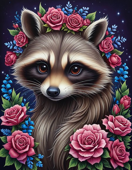 novuschroma06 style raccoon horse with flowers   <lora:novuschroma06 style:1>, <lora:sdxl_lightning_8step_lora:1>