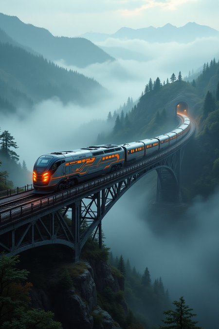 "Render a lifelike image of a fictional rail vehicle traversing a real railway bridge suspended over a foggy valley. The railway bridge should be meticulously designed, featuring intricate rail lines, robust metal structures, and breathtaking surrounding scenery. The rail vehicle must showcase a unique and heavy-duty design, as if constructed from durable, high-tensile materials. The orange light should gleam from the vehicle's headlights and the bridge's ambient lighting, casting warm, inviting hues. A thick fog should envelop the valley, swirling around the rail vehicle and creating an atmosphere of mystery and grandeur."