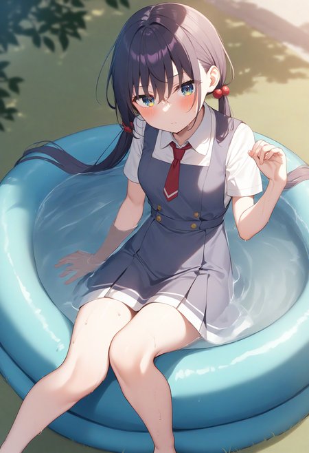 1girl,sincos, ningen mame, toosaka asagi,solo,medium breasts,school uniform,
wading pool,partially submerged,water,wet,outdoors, hose,barefoot, day,lying,<lora:wadingpool_XL_v1:0.8>
dutch angle, feet out of frame, looking ahead, purple hair, brown eyes,expressionless, closed mouth, low twintails hair,,
best quality, very aesthetic, absurdres