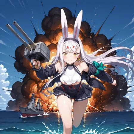 HDA_MasterpieceXLclassic, outdoors, port, warships can be seen in the distance, ocean,  <lora:Shimakaze_-_Azur_Lane:1> ShimakazeIL, yellow eyes, white hair, long hair, black skirt, pleated skirt, black jacket, long sleeves, bare shoulders, off shoulder, choker, arm ribbon, green ribbon, underboob, high-waist bottomwear, white top, running, full speed, leaning forward, running over water, holding a naval cannon, shooting, big explosion, smile, confident smile, explosion