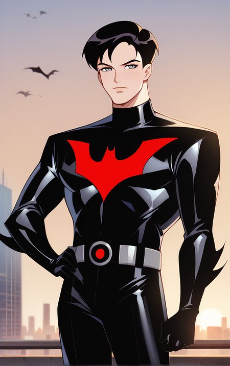 score_9, score_8_up, score_7_up, BREAK
NoMaskedBatsuit_TerryMcGinnis_ownwaifu, 
1boy, black hair, grey eyes, short hair, bangs, 
bat print, black bodysuit, superhero, turtleneck, grey belt, black gloves,
(contrapposto, hand on hip), sunset, sidelighting, cityscape, vanishing point, outdoors,  depth of field, solo,  
<lora:PONYXL_DC_BatManBeyond_TerryMcGinnis_ownwaifu_r1:0.7> , depth of field,
