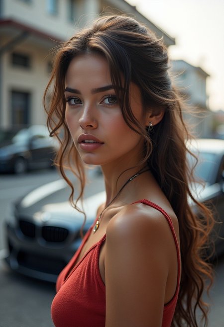 A beautifully rendered photography of a young woman, showcased in a striking street scene with a BMW drift car in the background, highlighting her stunning features and intricate details., 8k
