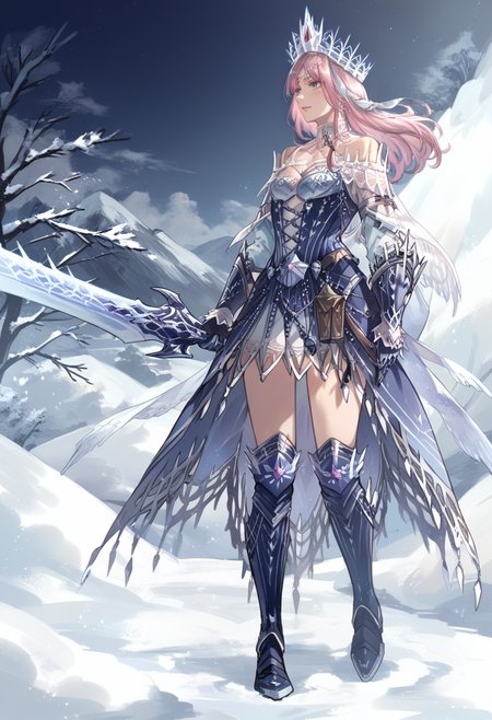 (score_9:0.9),score_8_up,score_7_up,rating_safe,anime style,(zPDXL),<lora:velkhana beta armor ponyXL v1.2:0.77>,velkhana armor,blue short dress,1girl,solo,long hair,blue gloves,holding weapon,blue thigh boots,holding,full body,pink hair,snow,standing,silver crown