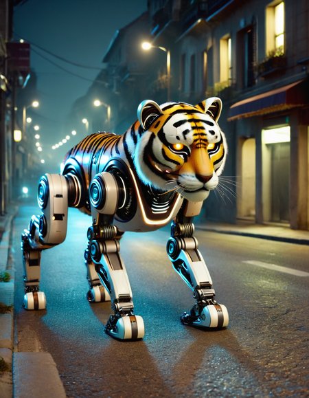 robotlora, tiger, robot, walking trough empty street at night