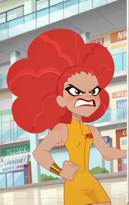 ((score_9)), score_8_up, ((high quality)), ((masterpiece)) BREAK
  DCSG Style, DorisZ, (DorisZ normal), afro, red hair good hands, [angry], teeth clenched, fists, good anatomy, five fingered hands, mall background, (dynamic angle)<lora:DC_Superhero_Girls_2019:0.8>,<lora:pony_good_hands:0.8>