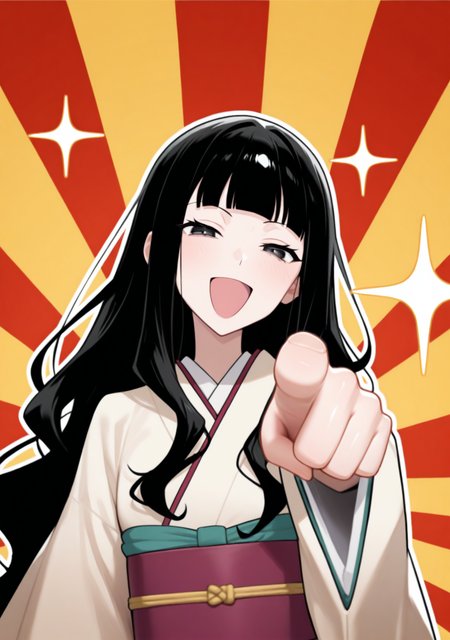 masterpiece, best quality, absurdres, perfect lighting,shiny skin,<lora:spo_sdxl_10ep_4k-data_lora_webui:0.6>,1girl,itoshiki_rin,long hair, black hair,wavy hair, blunt bangs,black eyes,<lora:itoshiki_rin:0.9>,japanese clothes,laughing_at_you, open mouth, pointing at viewer,laughing, mocking,half-closed eyes, <lora:Laughing at you [IL]:1>,sparkle background, sunburst background, yellow background, red background,
