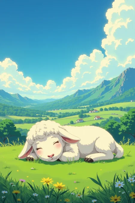 a cute lamb sleeping in the sun beautiful  landscape, cloudy sky, woman, very intricate, very detailed, sharp, bright, colorful, <lora:Hand v2:0.5> <lora:Anti-Blur:1><lora:Insane Detail Slider:0.25>  <lora:flux.1_lora_flyway_Epic-detail_v2:0.3> <lora:fluxenhancer:0.25> <lora:ROWER:0.8>  <lora:Anime_style:0.6> anime style