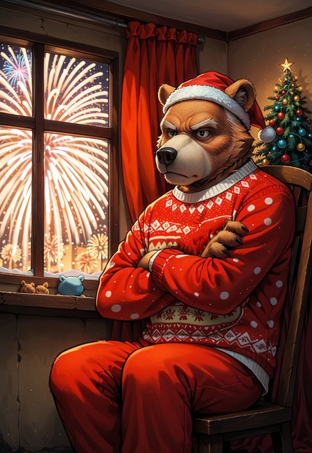 score_9, score_8_up, score_7_up, rating_safe,
chueh, no humans, fluffy_new_year, merry_furistmas,
solo,
bear, animal focus, sweater, pajama_pants, nightcap, solid black eyes, indoors, looking out, window, old man, grumpy, crossed arms, in rocking chair, new year, fireworks, curtains,
