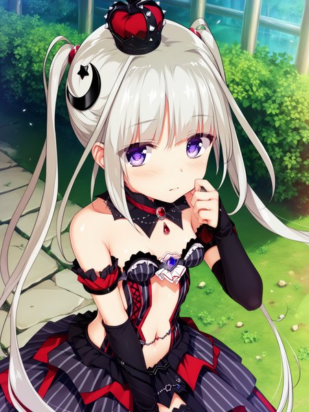 <lora:happy_tentacle-kuon-v0.2-000030:1>, ht_kuon, magician, black dress, vertical-striped dress, vertical-striped skirt, strapless, black thighhighs, detached collar, arm warmers, arm strap, navel, hair ribbon, mini crown, crescent hair ornament, jewelry, gem , outdoors, 1girl, solo, upper body , evil eyes , ((drunk:0.8) :1.2), , looking at viewer , , from above , score_9, score_8_up, score_7_up, score_6_up, score_5_up, score_4_up