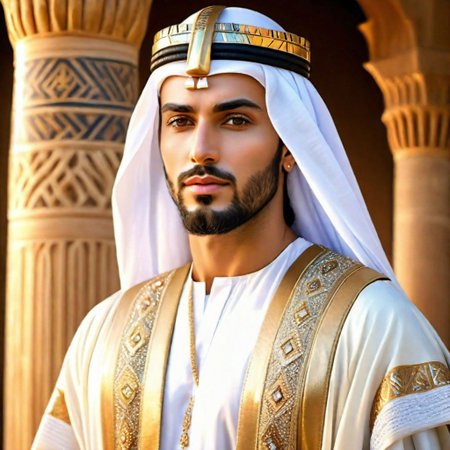 (8k, best quality, masterpiece:1.2) (realistic, photo-realistic:1.4) ultra-detailed, joseph prophet, Yusuf prophet, most beautiful man on earth, eye of god, unbelievable beautifully face, brown thick eyes, white shining skin face, look at viewer, arab persian kings dress, Egyptians king dress, charismatic look