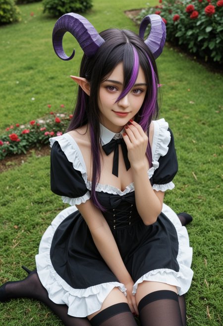 score_9_up, score_8_up, score_7_up, score_6_up, 1girl, 25 years old, perfect face, (adult), sexy, 
purple eyes, 
demon girl, demon horns, huge horns, striped horns, black horns, purple horns, 
pointy ears, multicolored hair, streaked hair, (purple hair), black hair, long hair, very long hair, hair between eyes,
detached collar, black bow, black dress, frilled dress, frills, black thighhighs, 
garden, purple roses, 
blush, shy smile, looking at viewer, dynamic angle, depth of field, detailed hands, red nails, sitting, on grass, from above, full body