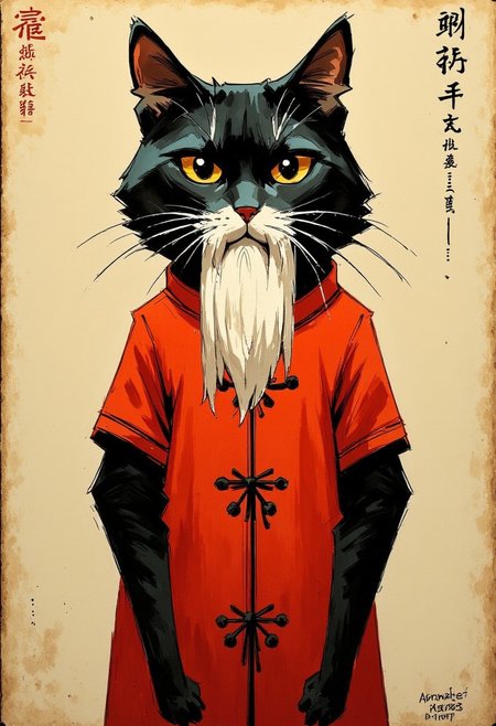 Oil painting by Frank Frazetta. An antrophomorphic black cat with a long white beard,wearing a chinese dress. Text "Wise man click like, silly man scrolls past"
