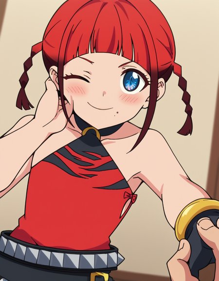 score_9, score_8_up, score_7_up, source_anime, <lora:chise-asukagawa-s1-ponyxl-lora-nochekaiser:1>, chise asukagawa, short hair, blue eyes, braid, red hair, multicolored hair, mole, twin braids, gradient hair, mole under mouth, anime screencap,, skirt, gloves, bare shoulders, jewelry, belt, fingerless gloves, bracelet, sleeveless, red shirt, black skirt,, living room, video game, controller, competitive, fun, afternoon, , <lora:guided-hand-on-cheek-ponyxl-lora-nochekaiser:1>, guided hand on cheek, hand grab, hand on another's cheek, hand on another's face, looking at viewer, pov, pov hands, smile, blush, one eye closed, caress, caressing cheek, looking at viewer, solo,, dutch angle, cowboy shot