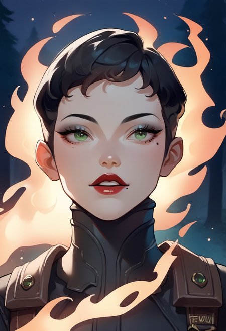 score_9, score_8_up, score_7_up, source_anime, ((1girl)), yurikosmtiv, black hair, short hair, lipstick, mole under eye, makeup, green eyes, black bodysuit, night, forest, forest fire, natural lighting arms rise, looking up, ephoric face, glee