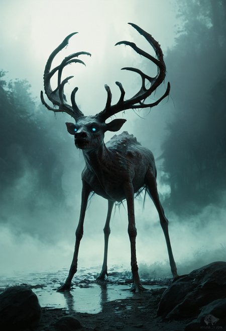 score_9, score_8_up, score_7_up, zy_monster, realistic, beast, fog-choked moors, deer-like body, grotesque, emaciated, exposed ribs, cracked antlers, tar-like substance, sunken eyes, blue glow, black smoke, guttural calls, ghostly wails, sharp hooves, jagged, claw-like imprints, mud, eerie atmosphere, night, horror, unsettling, dark fantasy, highly detailed, high contrast, film grain, Rim Lighting , <lora:zy_Horror_Monsters_PonyRealism_v1:0.75>