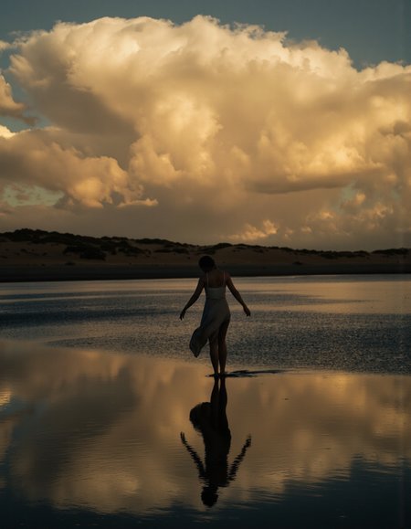 Art by Brooke Shaden.
Nude art photography. A photo-realistic shoot from the side about a silhouette of a person standing in water against a dramatic backdrop of sand dunes and a large, swirling cloud. the image also shows a dramatic scene. on the middle of the image, a woman, who appears to be in her mid-twenties, is standing with her arms stretched out to the sides, facing away from the viewer. she is wearing a long, flowing skirt and a white top, and her hair is tied back in a long hair style. her body is slim and she is barefoot. the woman is standing on a calm, reflective surface of water, with the ocean visible in the background. the sky is filled with a warm, golden light, and the clouds are rolling in, creating a dramatic, ethereal atmosphere. the overall mood is one of serenity and solitude.