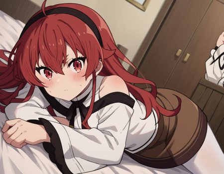 score_9, score_8_up, score_7_up, source_anime,
erisgreyrat, <lora:eris-boreas-greyrat-s1-ponyxl-lora-nochekaiser:1>,
eris greyrat, ahoge, hair between eyes, long hair, red eyes, red hair, sidelocks,
black hairband, black ribbon, brown skirt, hairband, long sleeves, neck ribbon, pantyhose, ribbon, shirt, shoulder cutout, skirt, white pantyhose, white shirt, wide sleeves,
indoors, bed, bed room, on side, blush, drunk,
looking at viewer, dutch angle, cowboy shot,